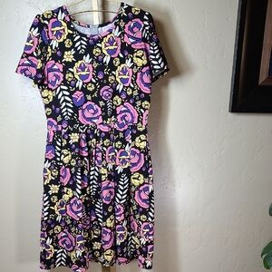 LuLaRoe Black With Pink Purple Yellow Roses Amelia Floral Dress 2XL